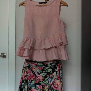 Zara - Basic Pink Linen Ruffle Sleeveless Top Size M. Floral Mini Skirt Size L